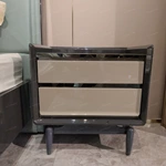 Striped Natural Wood Veneer Nightstand with Painted Wood Veneer Top